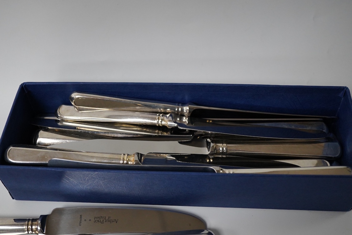 A set of twelve recent Arthur Price of Sheffield, silver plated handled steel table knives, 24cm and twelve matching dessert knives, 21.4cm.
